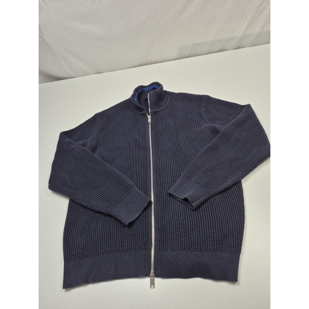 Theory Sweater Mens XL Blue Cotton Cashmere Full Zip Mock Neck Waffle Knit